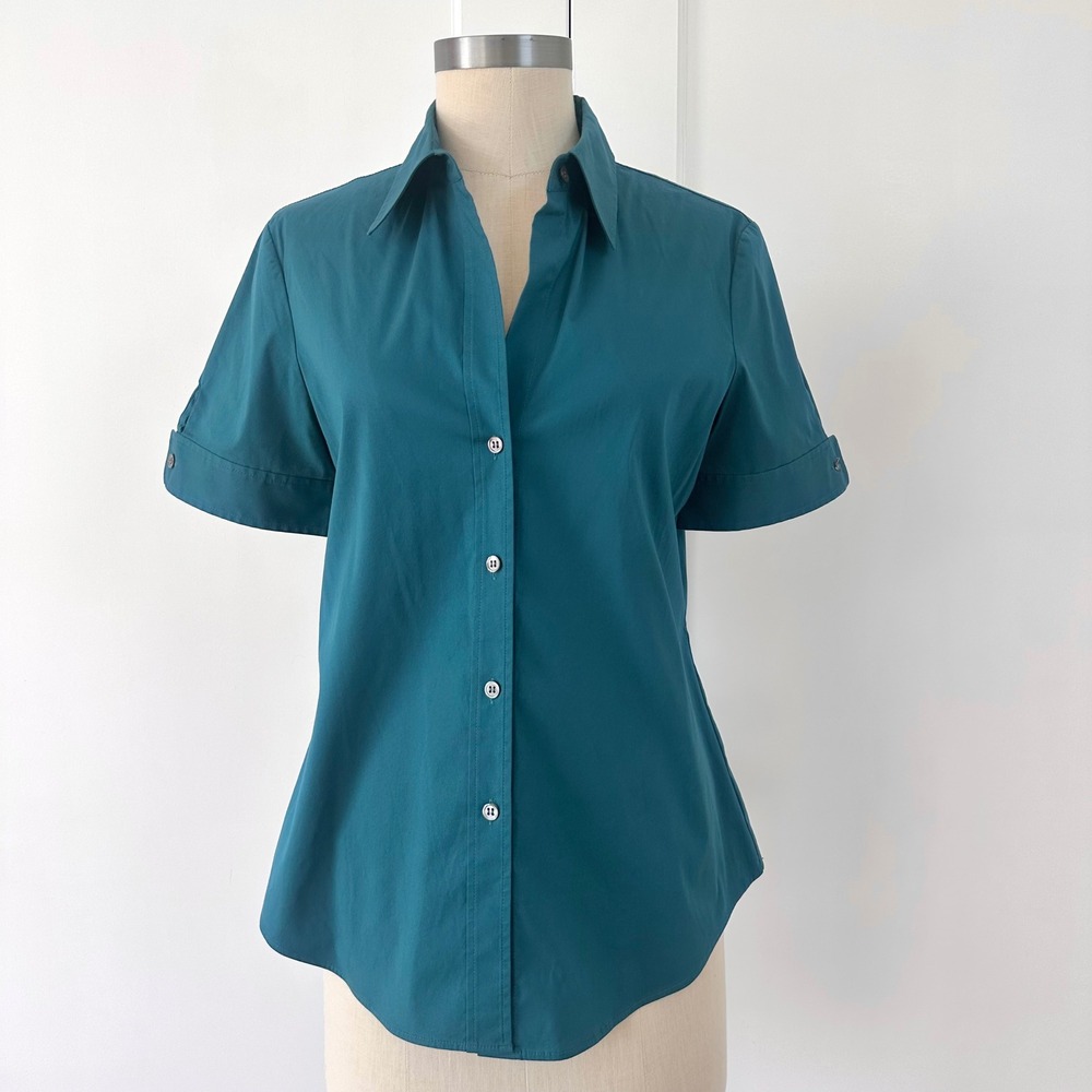 Theory Aniston Teal Blue Short Sleeve Button Down Shirt Cotton Blend Size M